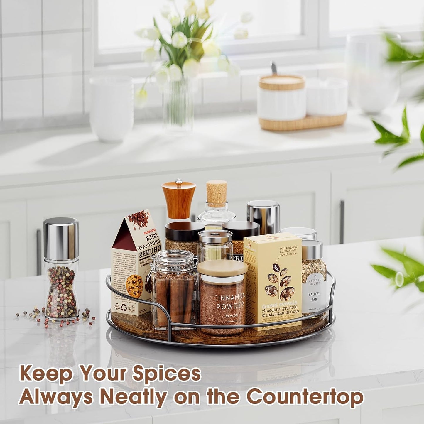 LAMU Lazy Susan Organizer, 9'' Lazy Susan Turntable for Cabinet, Table Top, Kitchen, Countertop, Bathroom, Pantry, Spice Organization, Wooden,1 Pack