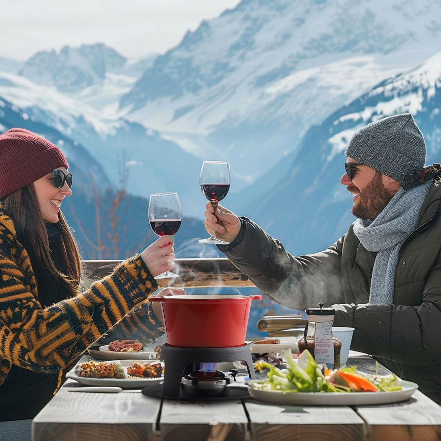 Artestia Cast Iron Cheese Fondue Pot for Chocolate Fondue Pot Swiss Fondue Set for Camping Outdoor with 6 Fondues Forks, 11-Piece Cheese Fondue Sets Serve 6 Persons (Red)