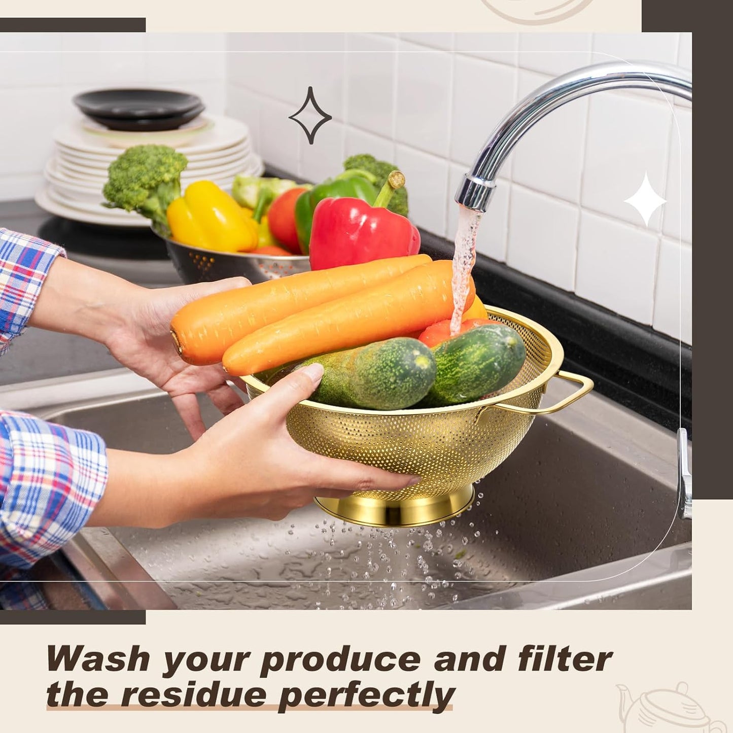 Norme 3 Quart Stainless Steel Gold Colander Gold Fine Mesh Strainer, Stainless Steel Pasta Rice Food Metal Strainer with Handles, Easy Clean and Dishwasher Safe