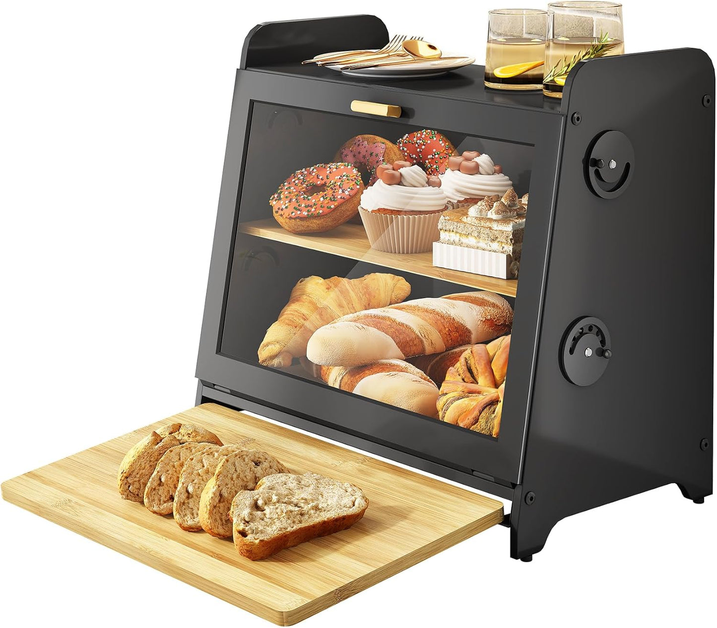 SNTD Bread Box, Wooden Bread Storage Container for Kitchen Countertop with Bamboo Cutting Board, Black (L)