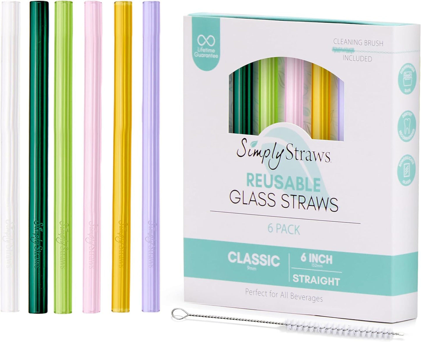 Simply Straws 6 Inch Glass Straws Straight (6-Pack) – Reusable Glass Straws for Low Balls & Stemless Glasses, with Cleaning Brush – Dishwasher Safe, Hot & Cold Use, BPA-Free (Meadow)