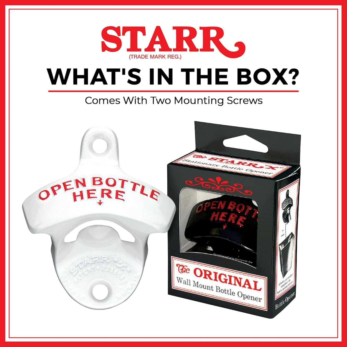STARR "X" Open Bottle Here | Heavy Duty Classic Wall Mounted Bottle Opener for Easy Beer and Soda Bottle Opening, White