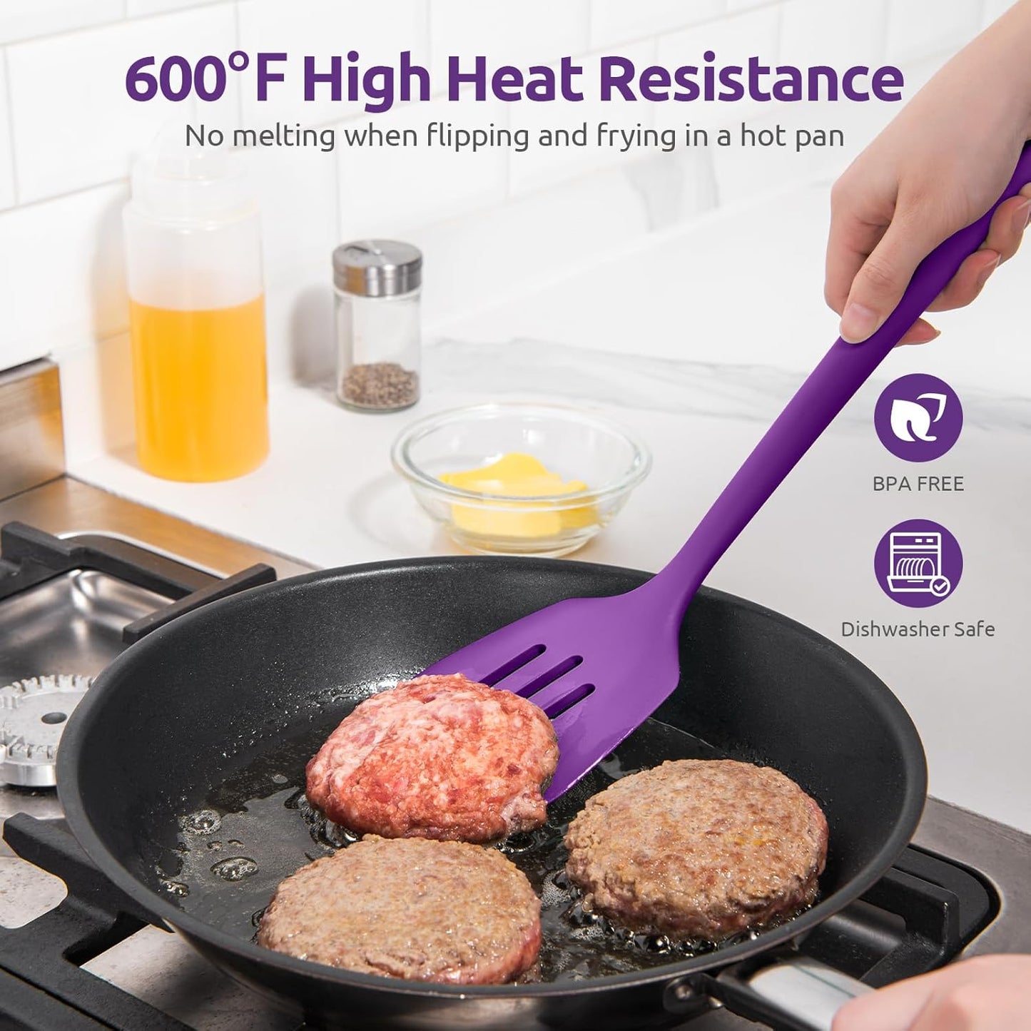 600ºF Heat Resistant Slotted Turner: U-Taste 13.6in Silicone Kitchen Spatula Flipper, 3.74in Wide Food Grade Flexible Thin Rubber Cooking Utensil for Egg, Pancake, Cookie in Nonstick Cookware (Purple)