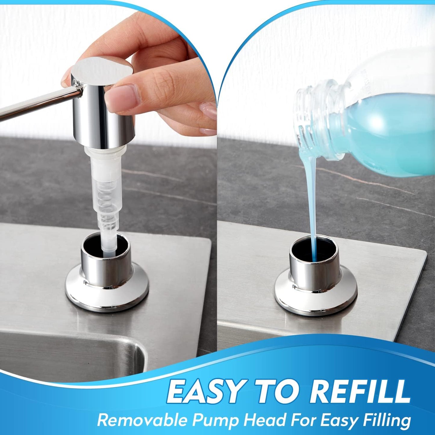 CREA Chrome Built-in Soap Dispenser for Kitchen Sink,Stainless Steel Kitchen Dish Soap Dispenser Pump,in Counter Soap Dispensers Under Sink Mouted Set 39" Tube 17oz Large Bottle