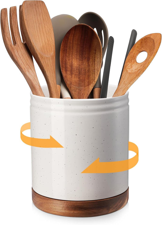 DOWAN 7.6" 360° Rotating Utensil Holder, Kitchen Utensil Holder for Countertop,Large Ceramic Utensil Crock for Kitchen Decor, Protection Cork Bottom, Speck White