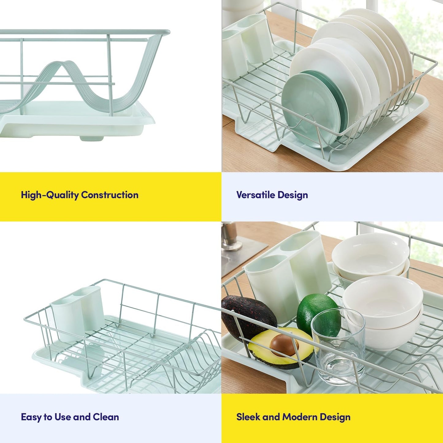 Sweet Home Collection Space-Saving 3-Piece Dish Drainer Rack Set: Efficient Kitchen Organizer for Quick Drying and Storage - Includes Cutlery Holder and Drainboard - Maximize Countertop Space, Mint