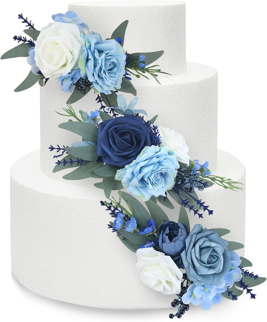 Rinlong 3Pcs Pre-made Cake Flowers Navy Blue Cake Decorations Wedding Cake Decorating Flowers Decor Christening Birthday Baby Shower Baptism Party Cake Toppers