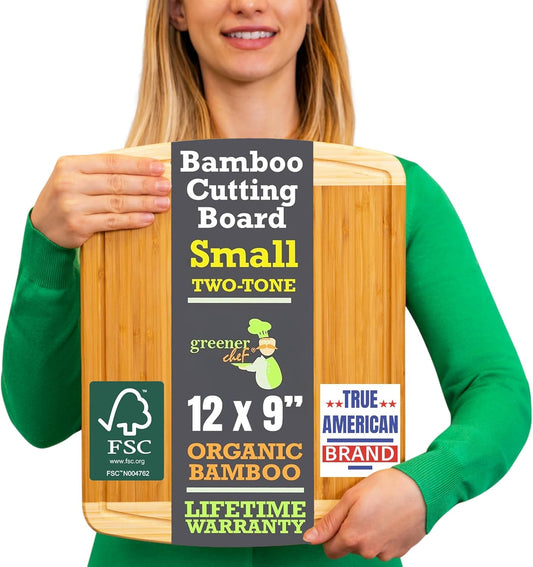 GREENER CHEF 12 Inch Small Bamboo Cutting Board with Lifetime Replacements - Small Wooden Chopping Board for Kitchen, Meat, Vegetables, Cheese, Bread, Charcuterie, and Everyday Food Prep
