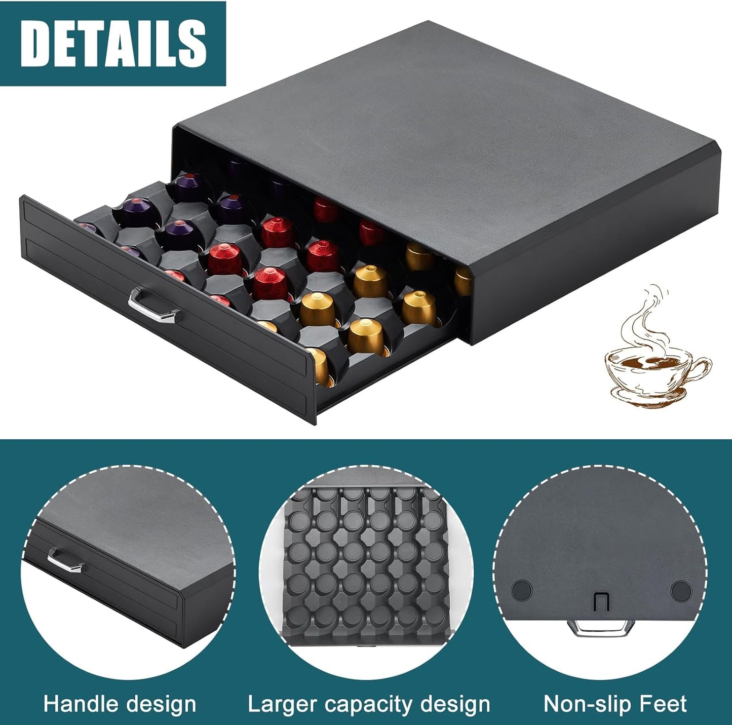 K Cup Holder Drawer 30 Pods Capacity, One Drawer Design for Nespresso/Keurig/Vertuo Pod Holder, Black