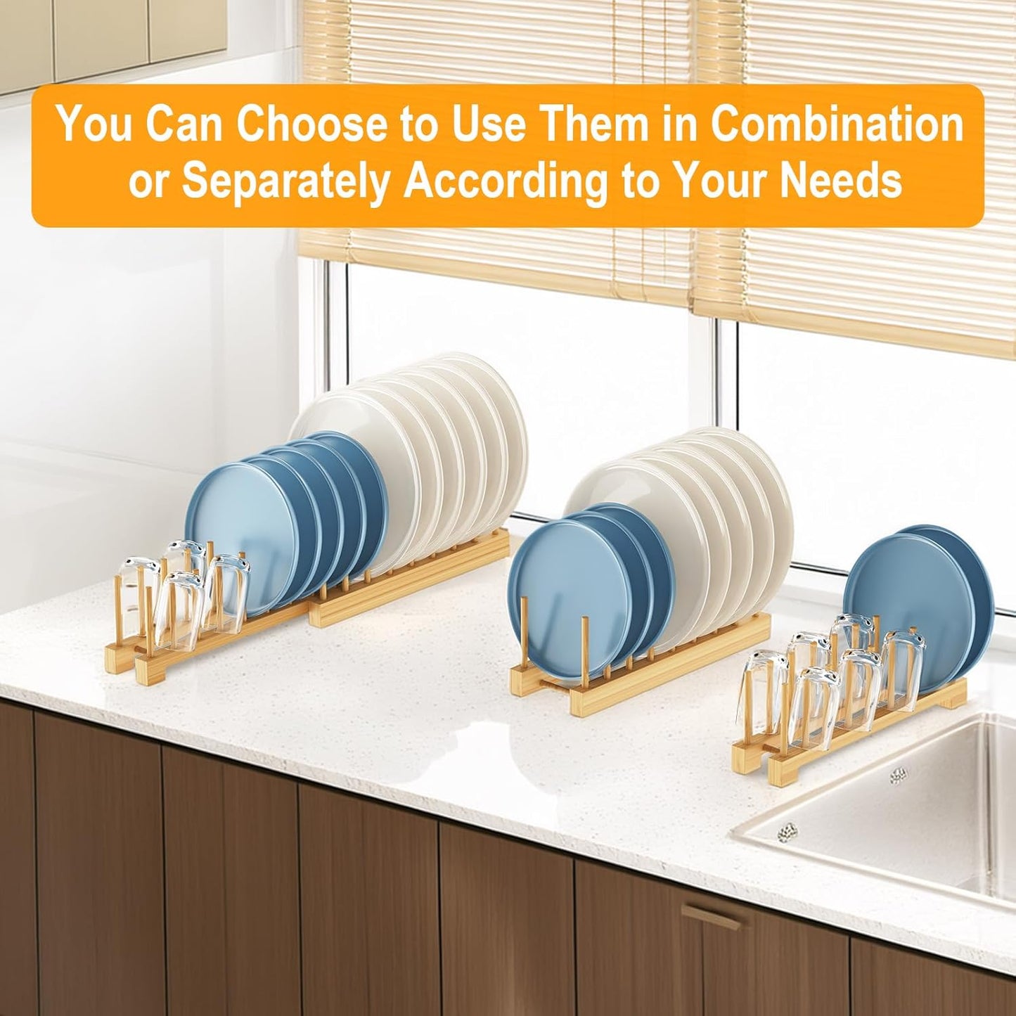 Bamboo Dish Rack - Expandable Plate Rack & Dish Drying Rack for Kitchen Cabinet Storage, Adjustable Multi-Functional Design Organizer for Plates, Cups, Pots, Cutting Boards (Natural Bamboo) 2 PACK