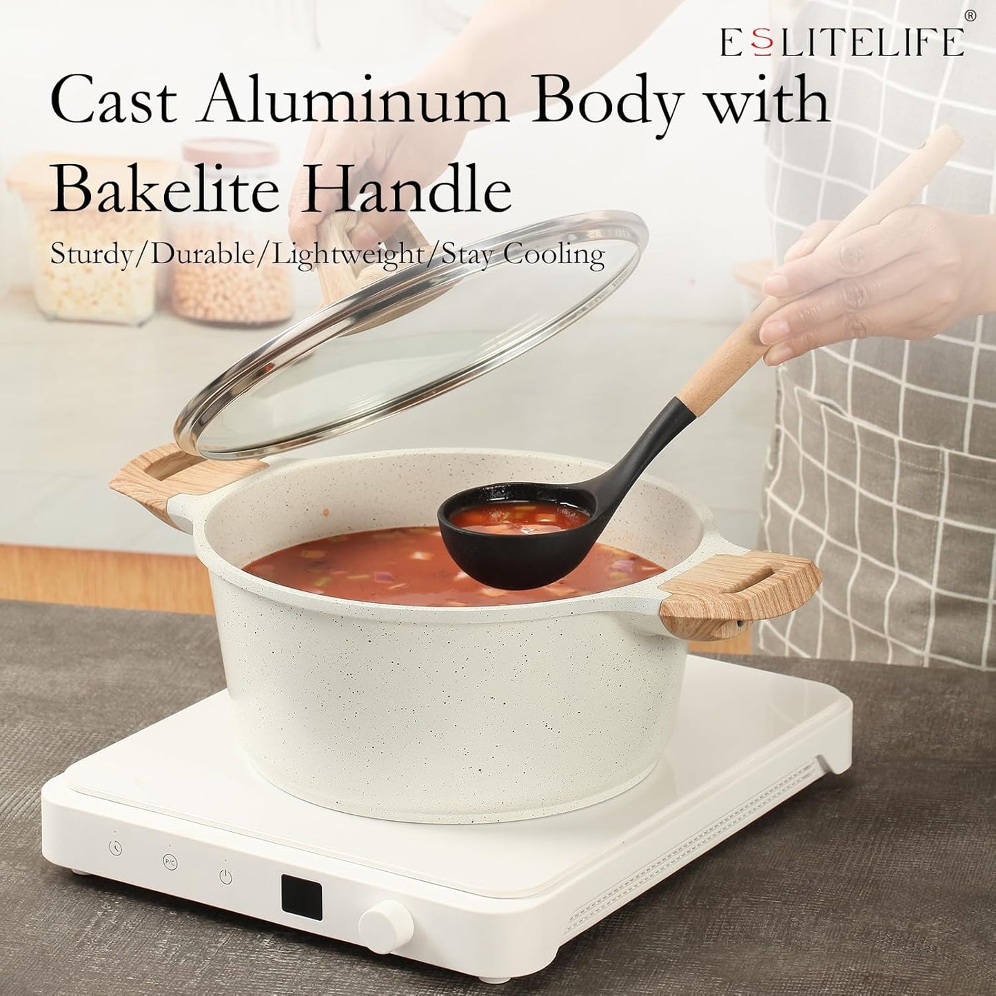 ESLITE LIFE Nonstick Stock Pot with Lid, 7 Quart Granite Casserole Large Soup Pot Pasta Cooking Pot, Induction Compatible, PTFE & PFOA Free, White