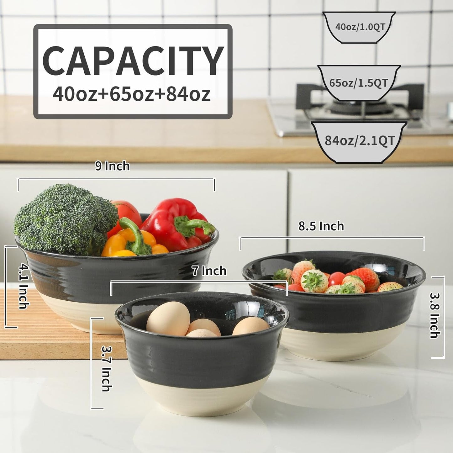 Hasense Large Ceramic Mixing Bowls, 2.1/1.5/1.0 Qt Salad Bowls for Kitchen, Versatile Serving Bowls for Cooking, Baking, Salad Mixing, Prepping, Nesting Black Bowl Set of 3, Dishwasher Microwave Safe