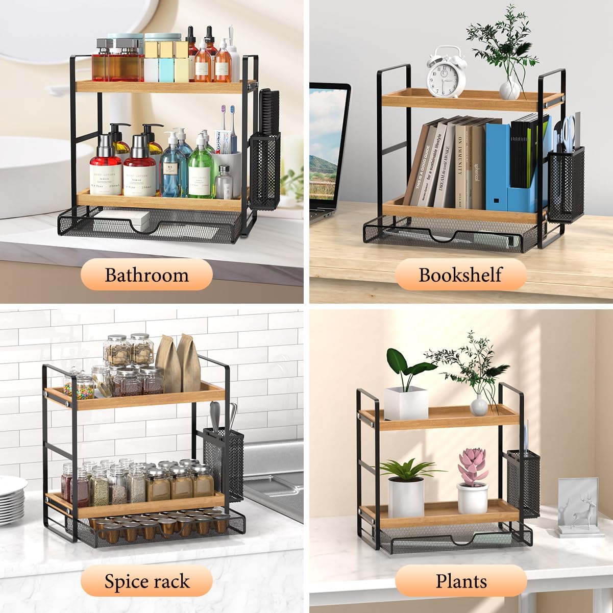2 Tier Spice Rack Organizer for Countertop with Drawer and Basket, Suitable for Coffee Organizer, Kitchen Counter Storage, Bathroom Storage