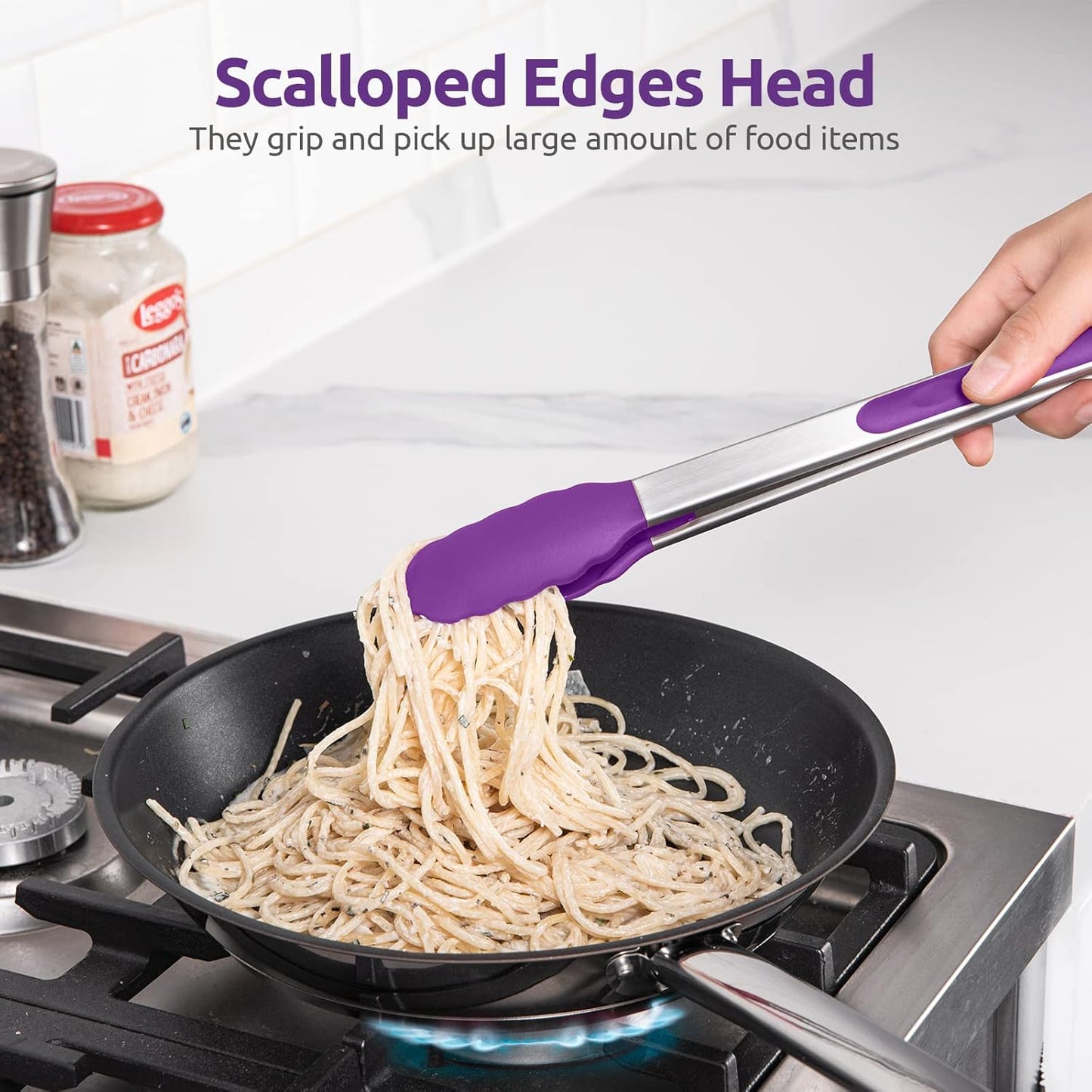 600ºF Heat Resistant Kitchen Tongs: U-Taste 12 inch Large Silicone Cooking Tong with Sturdy Non Stick Rubber Tips & Silicon Coated 18/8 Stainless Steel Handle & Smooth Locking for Serving Grill-Purple