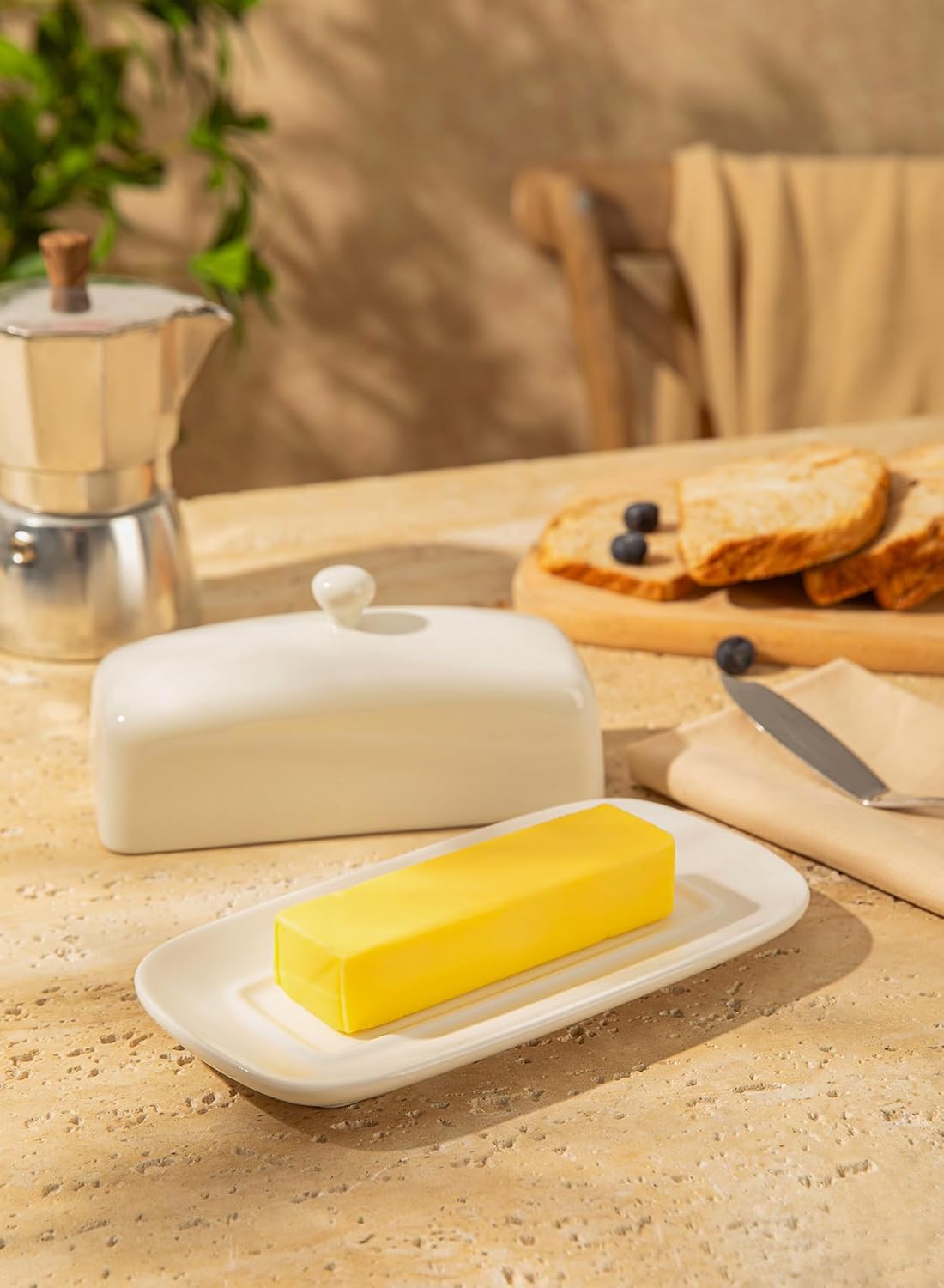Sweese Butter Dish with Lid, Porcelain Butter Keeper, 7.8 Inch Butter Holder with Handle Cover, Butter Container Perfect for East West Coast Butter, White
