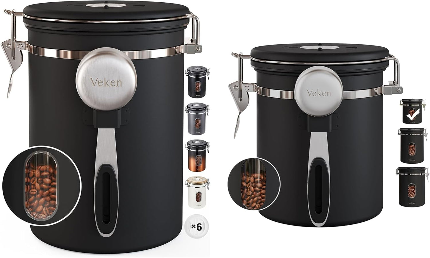 Veken Coffee Canister with Window, Airtight Stainless Steel Kitchen Food Storage Container with Date Tracker and Scoop for Grounds Coffee, Beans, Tea, Flour, Cereal, Sugar, 22&16OZ,Black