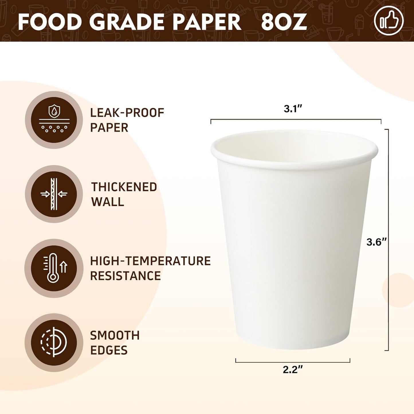 YEEHAW 8 oz 300 Pack Disposable Paper Coffee Cups, White Hot Cups for Hot Beverage Drinkings, Ideal for Cafes, Bistros, Businesses and Family