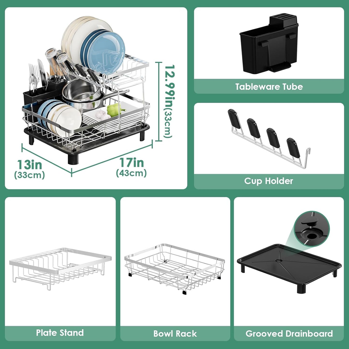 MOUKABAL Dish Drying Rack - 2 Tier Stainless Steel Dish Rack, Dish Racks for Kitchen Counter, Drying Rack Kitchen with Removable Utensil Holder and Drainboard (Black)