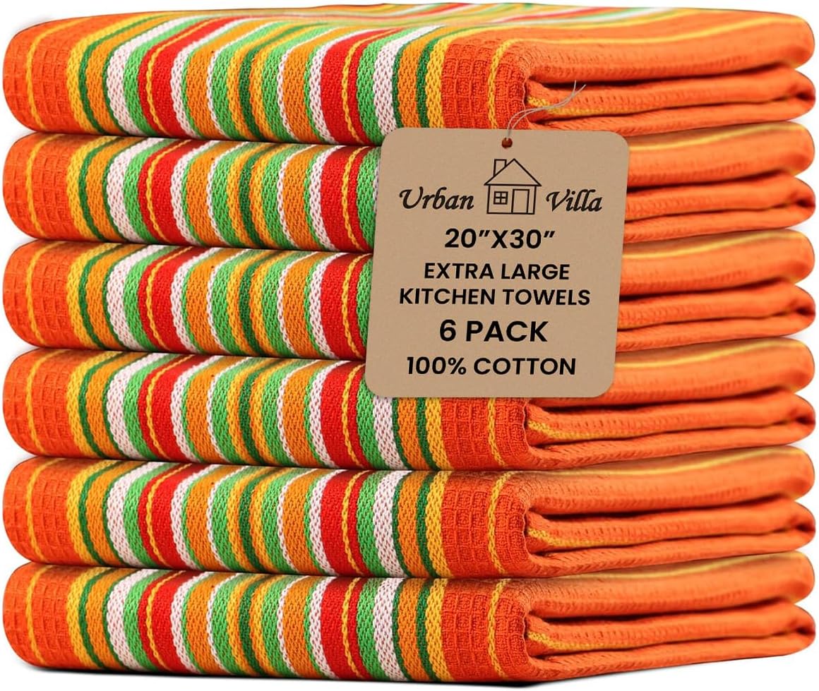 Urban Villa Kitchen Towels Waffle Stripes Dish Towels for Kitchen Orange Waffle Set of 6 Kitchen Towels Highly Absorbent 100% Cotton Over Sized 20X30 in with Mitered Corners Kitchen Hand Tea Towels