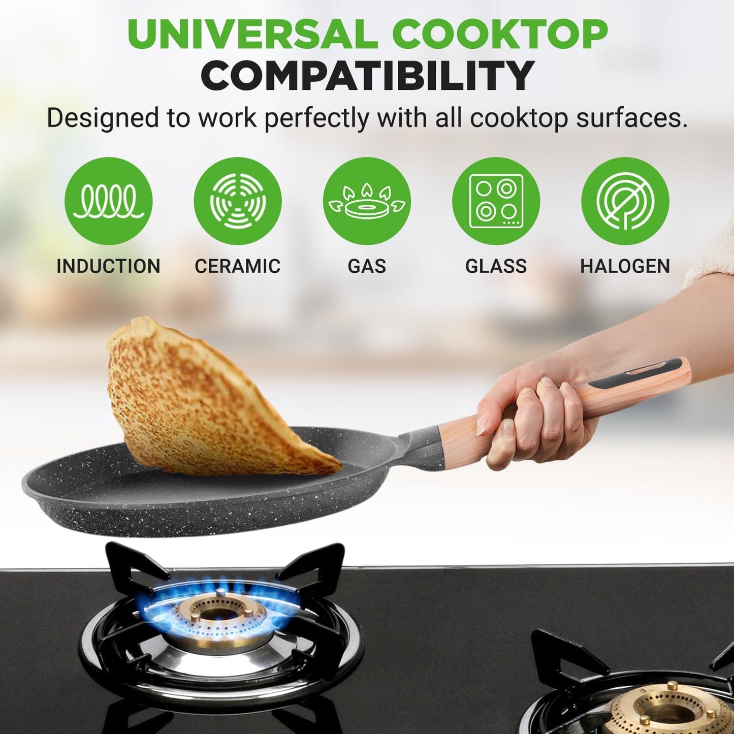 Nutrichef 2-Pack Non-Stick Crepe Pan Set, 9.4" Marble Coated Dosa Pans with Wooden Spreaders, Bakelite and Wood Handles, Induction-Compatible, Dishwasher Safe, Even Heat Distribution, Black Marble
