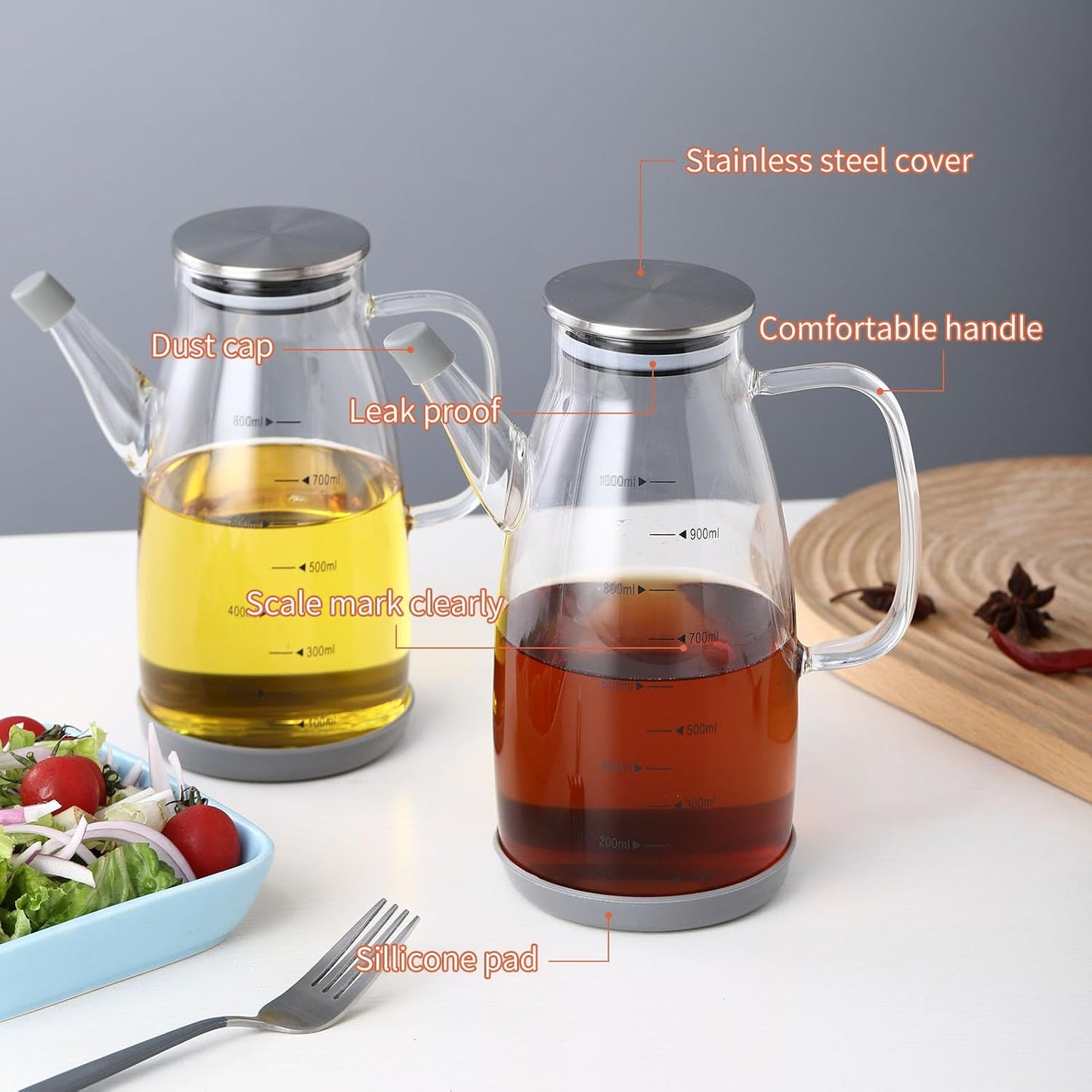 Large Glass Oil Dispenser Bottle for Kitchen Cooking Recipiente Para Aceite De Cocina Olive Oil Vinegar Dispenser Cruet Stainless Steel Lid No Drip Liquid Container (Clear, 34oz /1000ml)