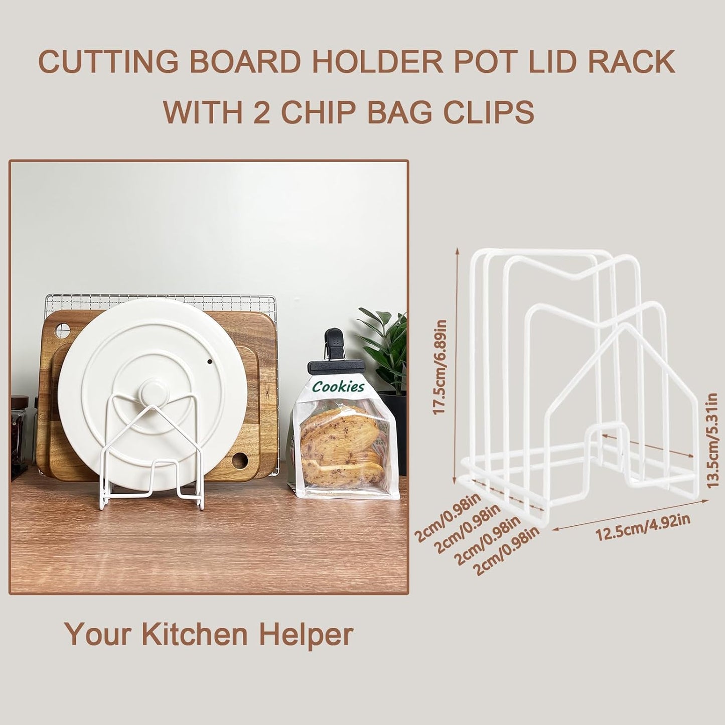 Pot Lid Organizer W 2 Chip Bag Clips Cutting Board Holder Inside Cabinet 304 Stainless Steel Pan Organizer Under Cabinet Pot Cover Cookie Sheet Bakeware Serving Tray Cooling Rack Stand Kitchen White