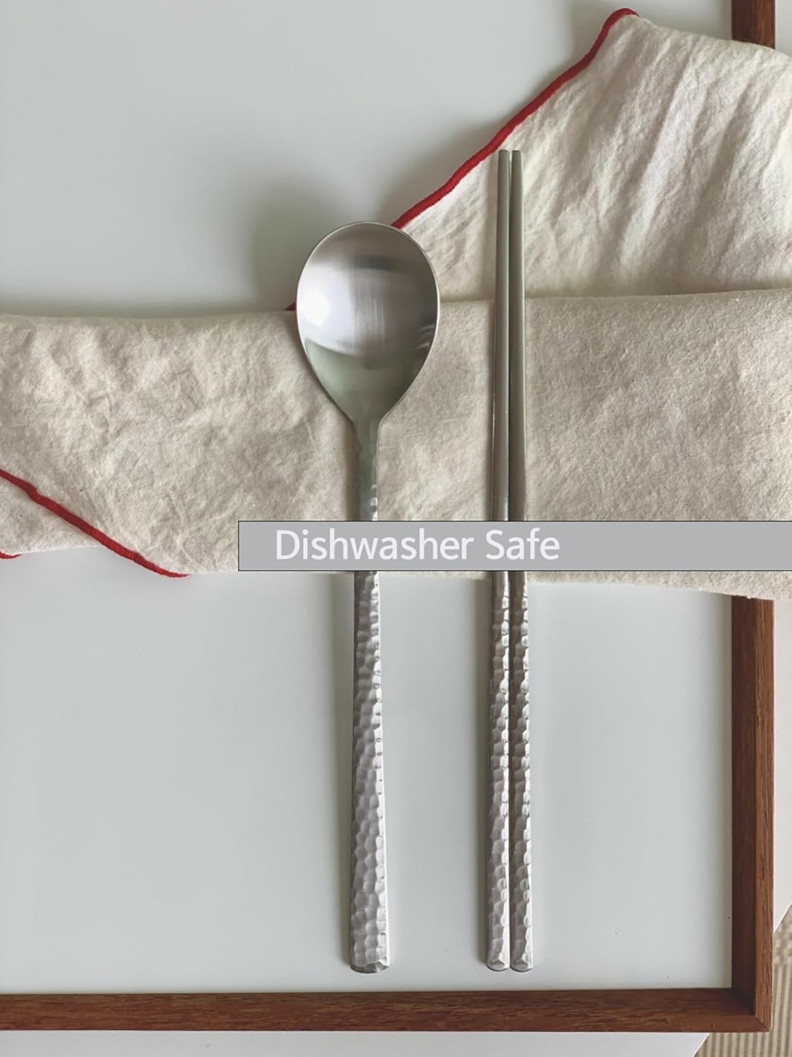 Korean Made Silver Glossy Hammered Stainless Steel Korean Spoon & Chopstick SET Gift for Mom (4SET)