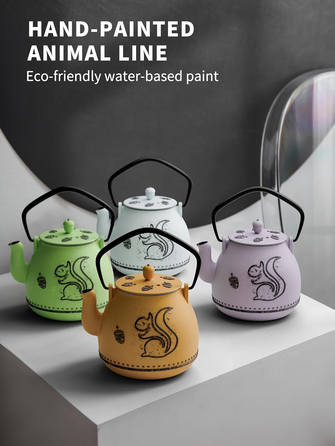 Toptier Teapot with Removable Infuser, Cast Iron Tea Kettle Stovetop Safe, Squirrel Design Tea Pot Coated with Enameled Interior for 32 Ounce (950 ml), Purple