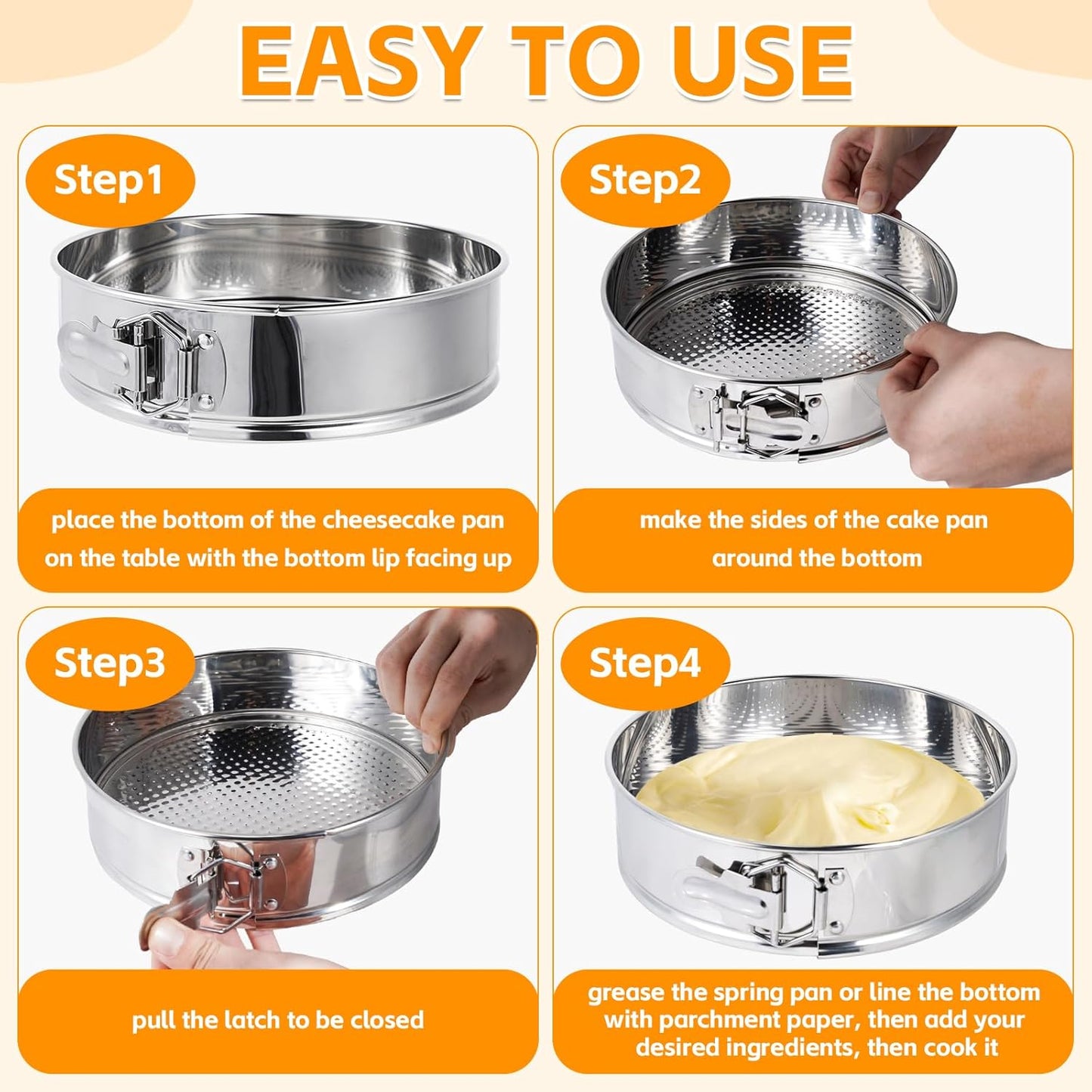 Aufind Springform Pan Set for Baking (9,10inches), 304 Stainless Steel Springform Cake Pan with Removable Bottom, Cheesecake Pan with 50PCS Parchment Paper for Pie Cake Pizza and Quiches