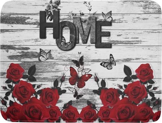 Red Rose Dish Drying Mat 18x24 inch Romantic Floral Absorbent Microfiber Sink Counter Dishware Drainer Pad for Kitchen Coffee Bar Decor