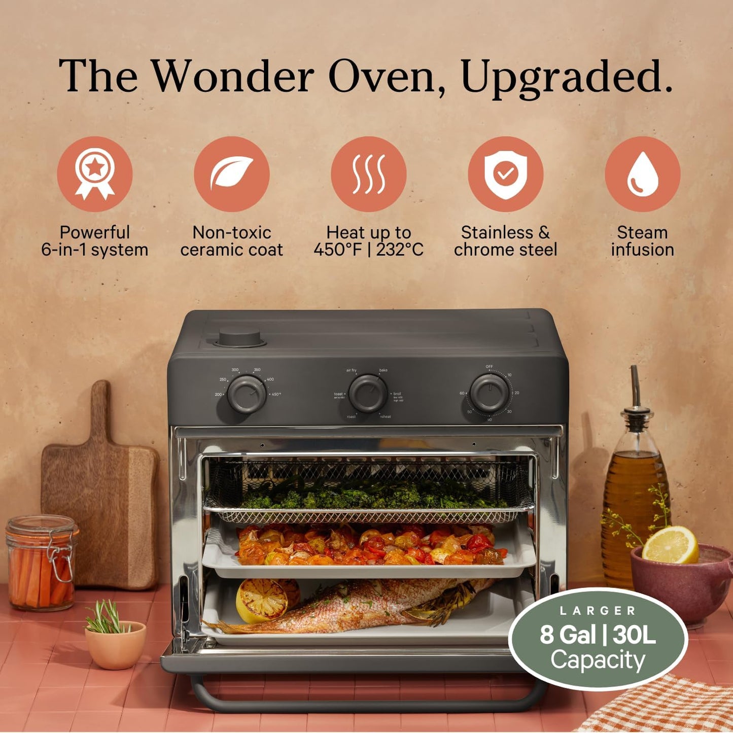 Our Place Large Wonder Oven | 6-In-1 Toxin-Free Air Fryer & Toaster with Steam Infusion | Family-Sized 32QT, 1700W Countertop Design | Includes Bake Tray, Fryer Basket, Large Racks | Char