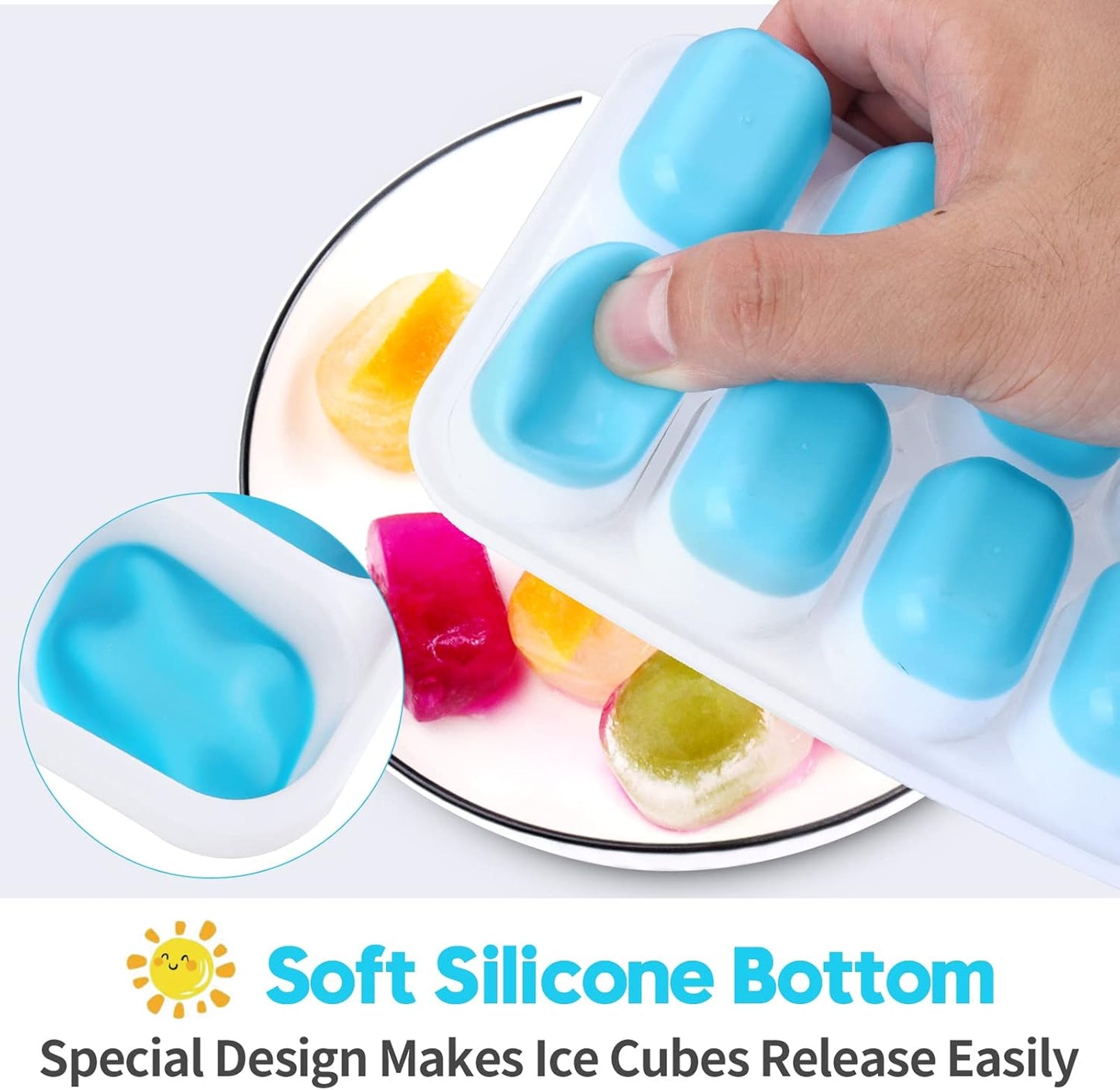 Silicone Ice Cube Tray, 8 Pack Easy-Release & Flexible 14-Ice Cube Trays with Spill-Resistant Removable Lid, Stackable Ice Trays with Covers for Freezer, Cocktail (4 Blue + 4 Green)