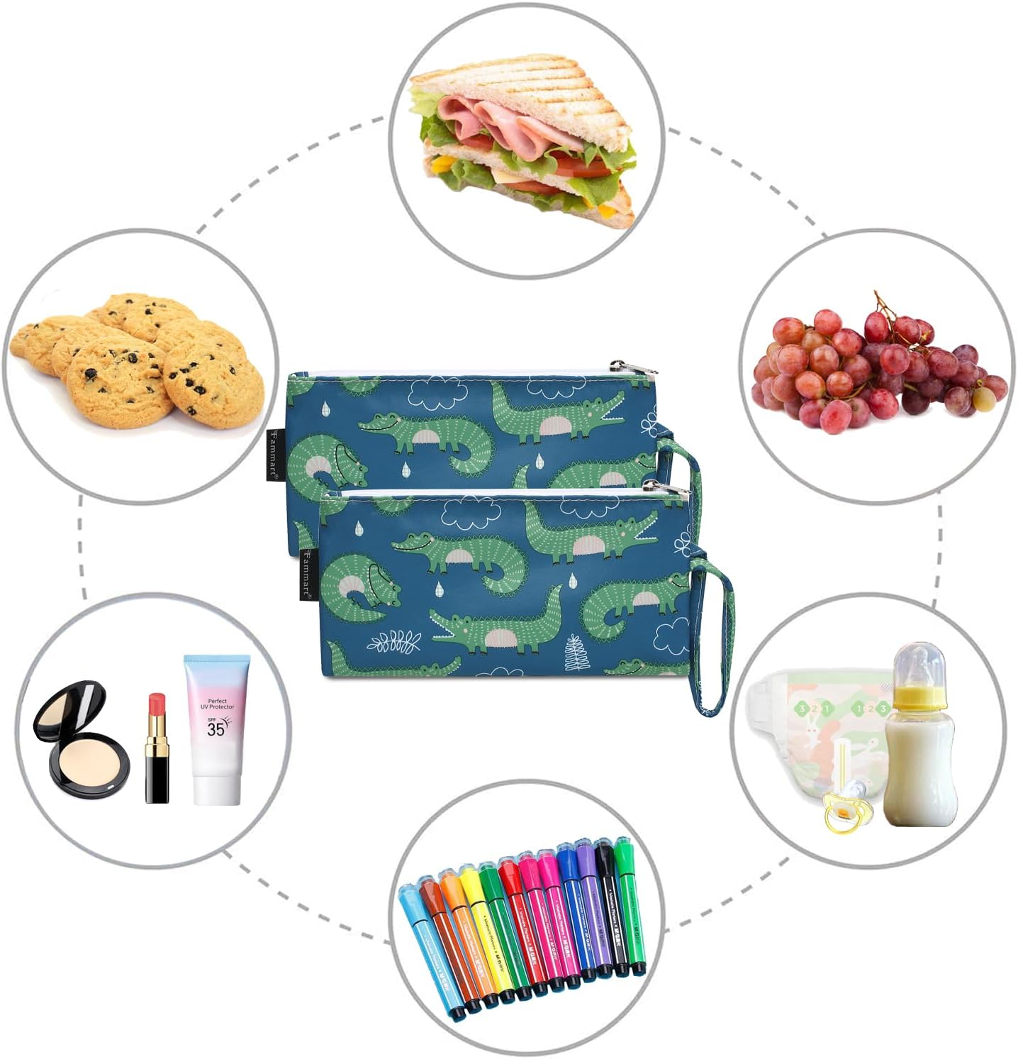 Reusable Sandwich Bag/Snack Bag for Kids & Adults, Dual Layer Lunch Bag with Handle, Washable, Food Safe, BPA Free (2-Pack, Green Crocodile)