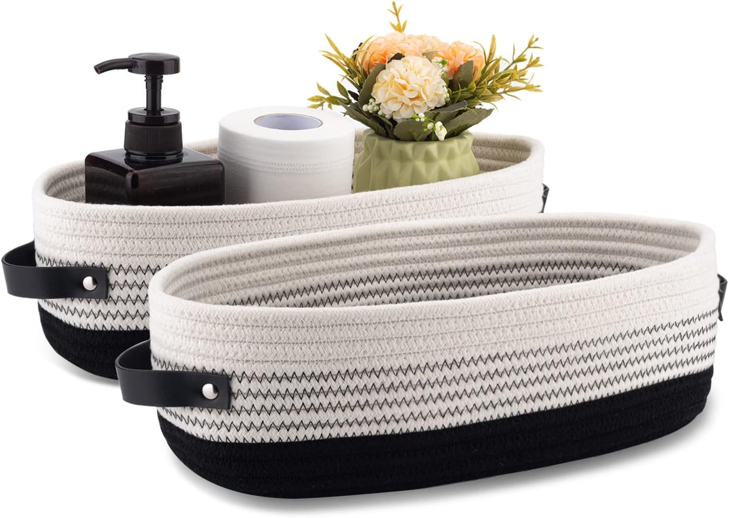 2 Pack Cotton Rope Toilet Basket Bathroom Decor Baskets, Toilet Paper Holder Basket, Farmhouse Home Decor Organizing 13"x5.9"x4" Black
