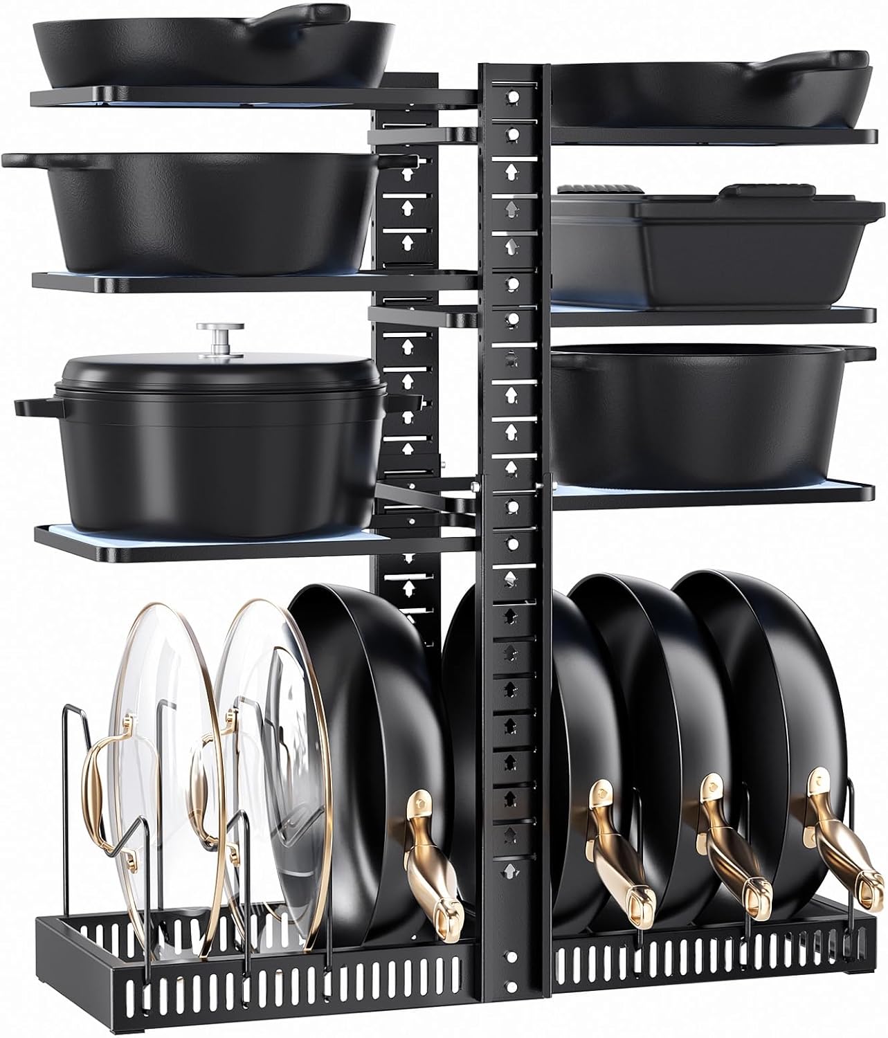 LAMU Pots and Pans Organizer under Cabinet, Pan Pot Organizers inside Cabinet with 6 Shelves and Pot Lid Organizer, Adjustable Height Up to 24", Holds up to 12 Pans Including Cast Iron Pot