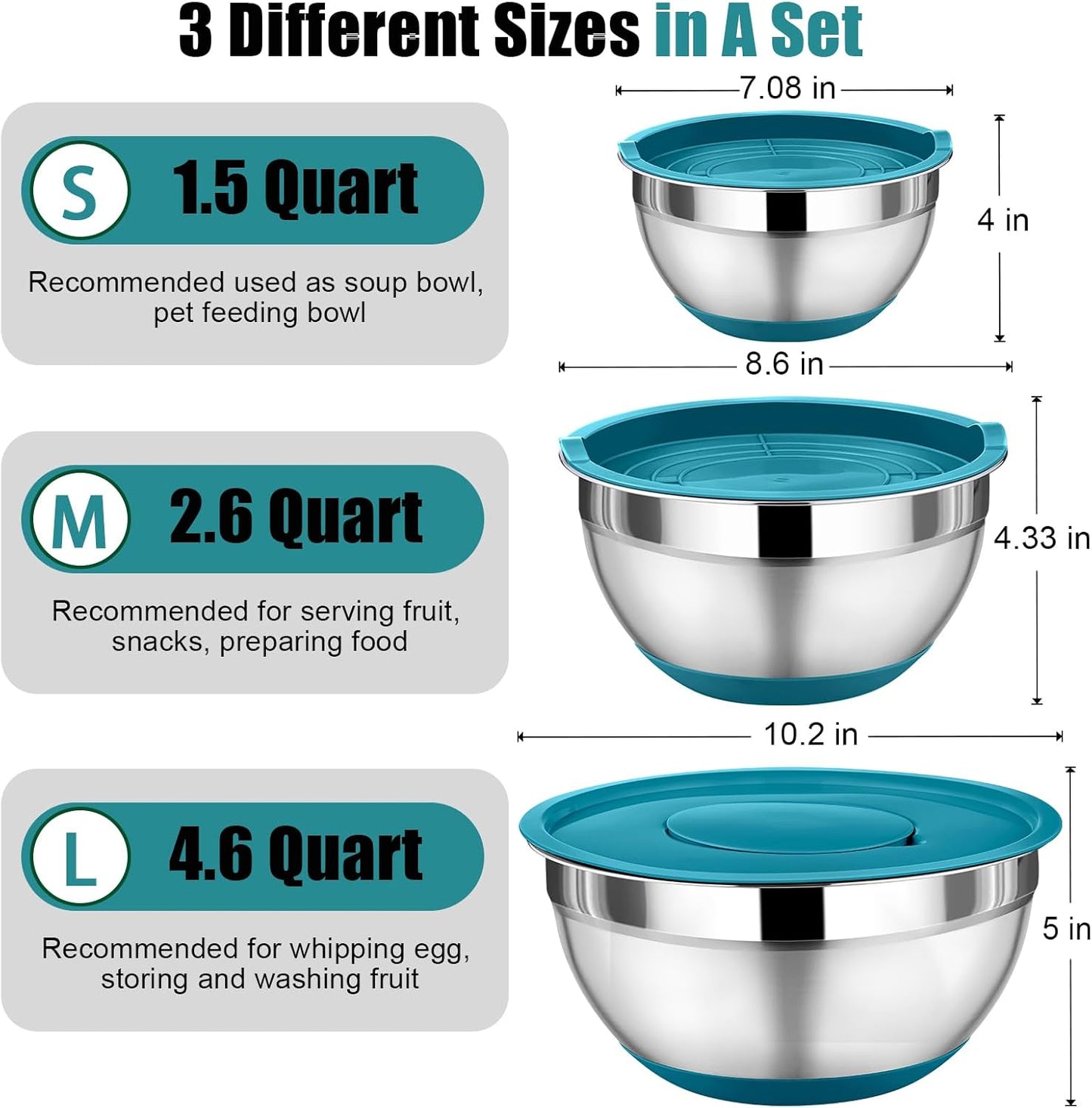 P&P CHEF Mixing Bowl with Lids Set of 3, Stainless Steel Nesting Salad Bowls for Serving Preparing, 3 Grater Attachments & Non-Slip Bottoms, Size 1.5/2.6/4.6 QT, Blue