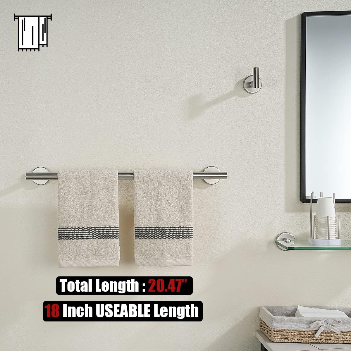 JQK Bath Towel Bar, 20.5 Inch 304 Stainless Steel Thicken 0.8mm Towel Rack Bathroom, Towel Holder Brushed Finished Wall Mount, Useable Length 18 Inch TB110L18-BN