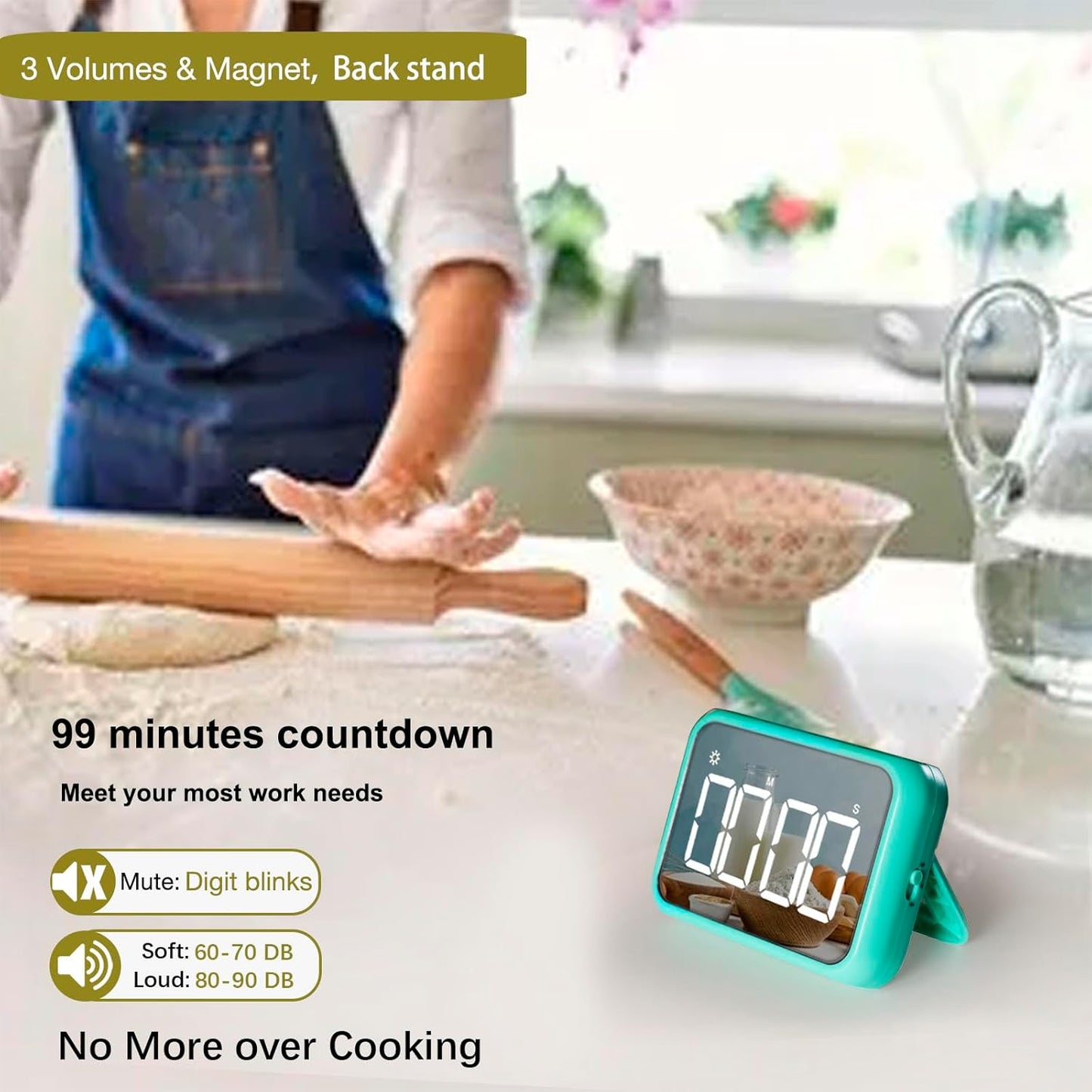 4-inch Timers for Kids, Large Magnetic Digital Kitchen timers with Constant Bright Function for Classroom, Silent Timer for Students and Teachers (1, Green)