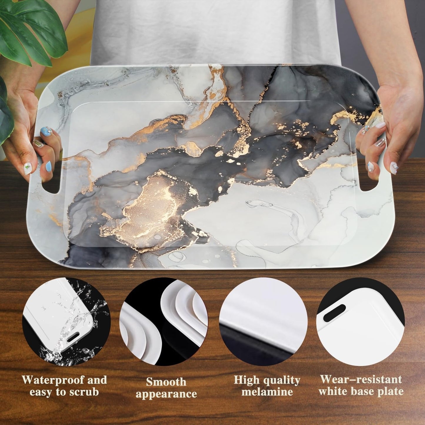 Serving Trays with Handles, 14.5 x 9.8 inch Rectangular Plastic Tray for Restaurant, Kitchen, Gray and Golden Marble