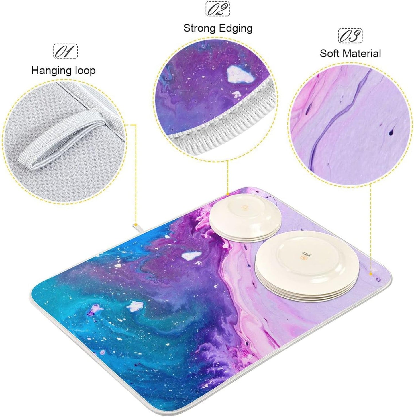 Super Absorbent Dish Drying Mat, Microfiber Fast-Drying Dish Mat, 16" x 18", Kitchen Dish Drying Pad, Abstract Purple Blue Marble