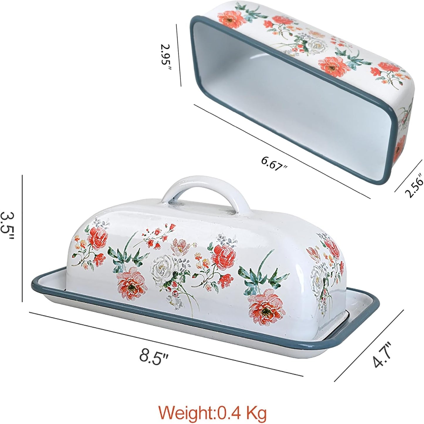 Enamel Butter Dish with Lid Vintage Enamelware Butter Holder with Flower Design Farmhouse Butter Container Butter Storage with Tray for Countertop Kitchen Decor