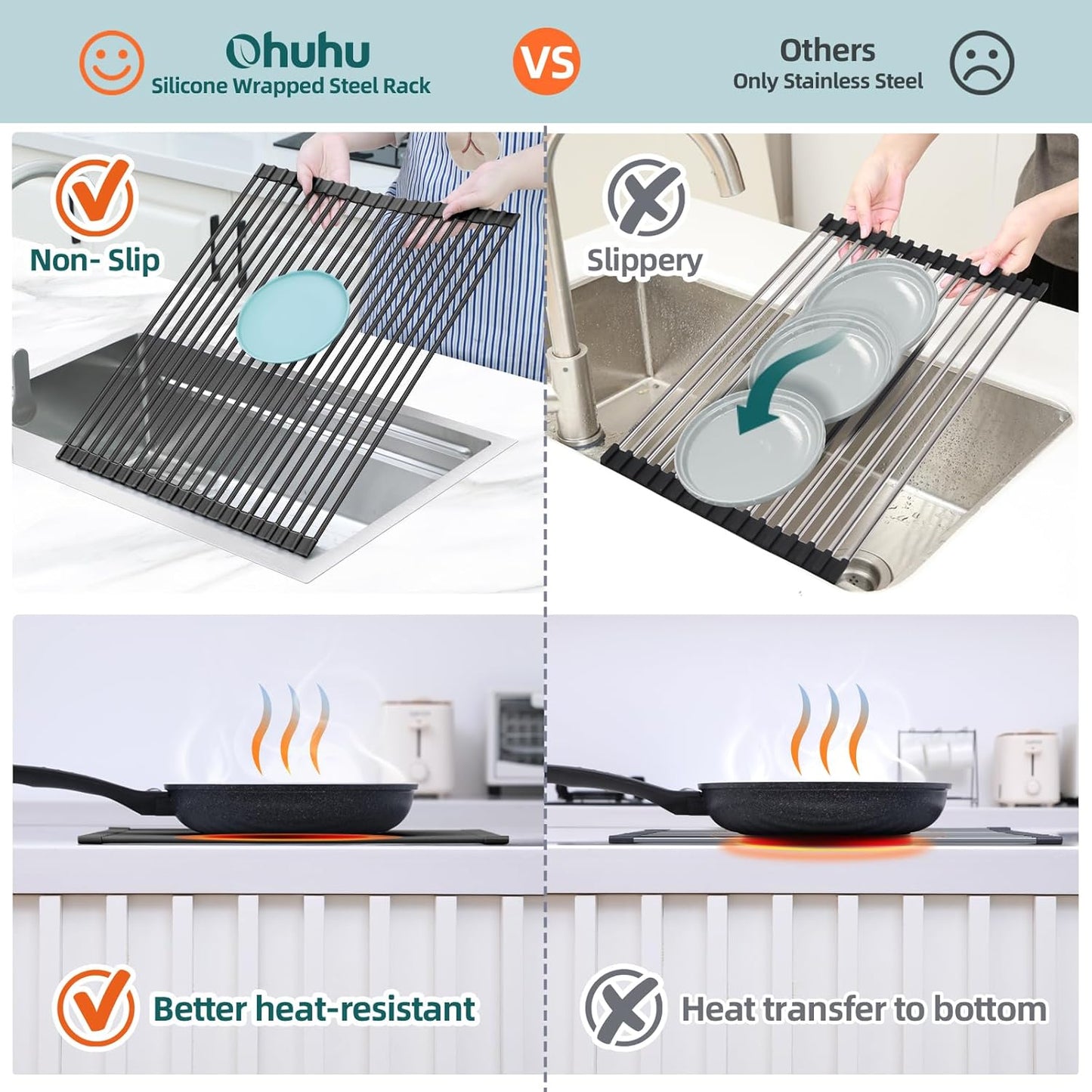 Ohuhu Sink Drying Rack, 20.5" W x 16.1" L Over Sink Roll-Up Dish Drainer - Rolling Foldable Accessories Heat-Resistant Mat Anti-Slip Silicone Coated Multipurpose for Kitchen Counter