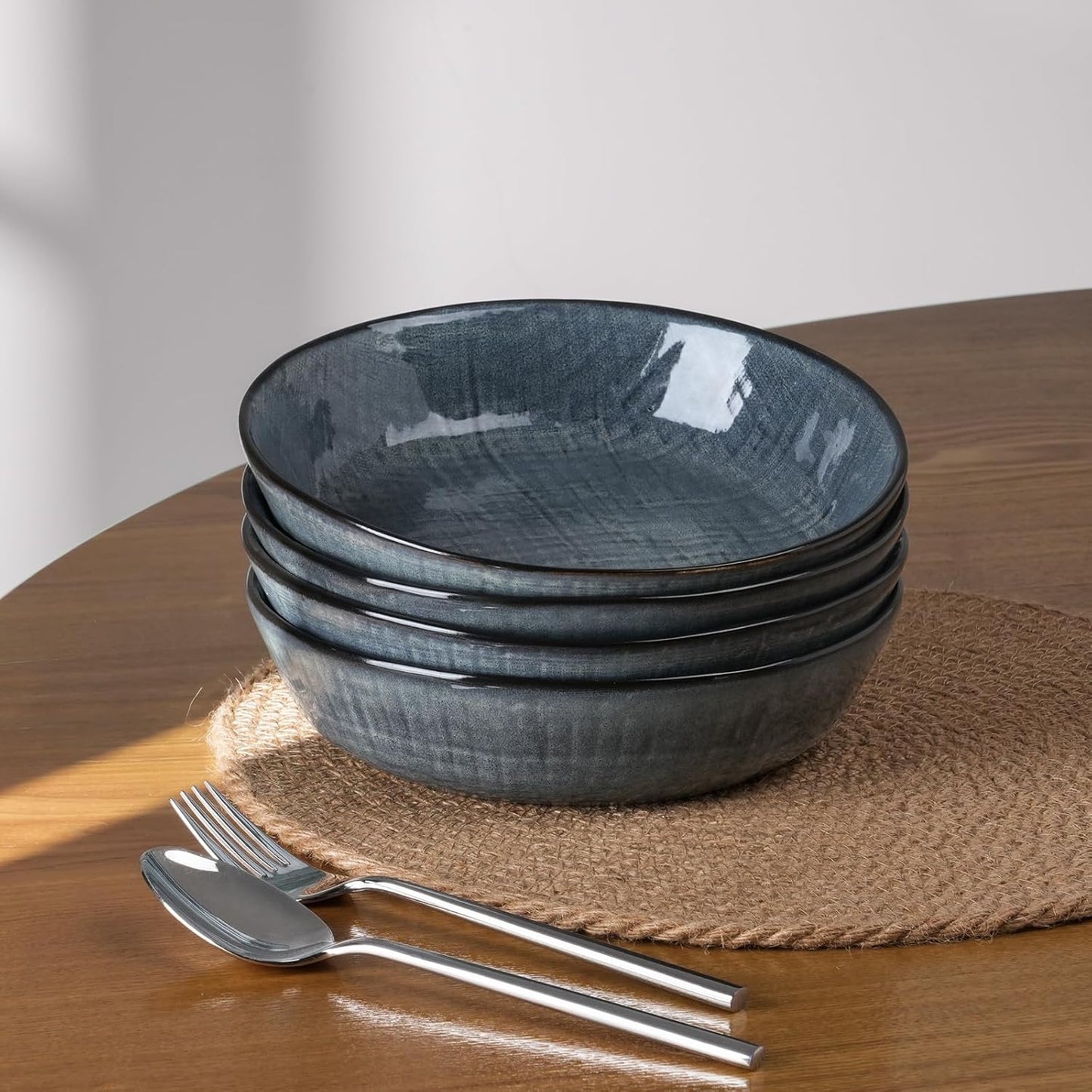 famiware Moonlight 8.5 Inch Pasta Bowls Set of 4, 32oz Serving Bowls for Kitchen, Soup Bowl with Linen Finish, Large Stoneware Bowls for Festivals, Housewarming, Dinnerware, Dark Blue
