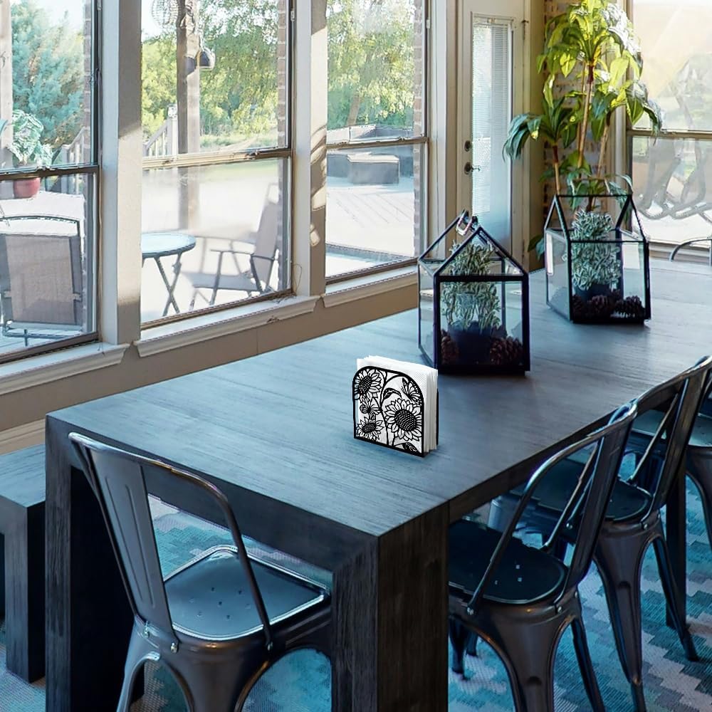 Sunflower and Butterfly Decorative Black Metal Napkin Holder for Table, 4.9" x 4.9" x 1.9" Standing Napkin Holder for Home Kitchen Restaurant Picnic Party Coffee Bar Dining Room