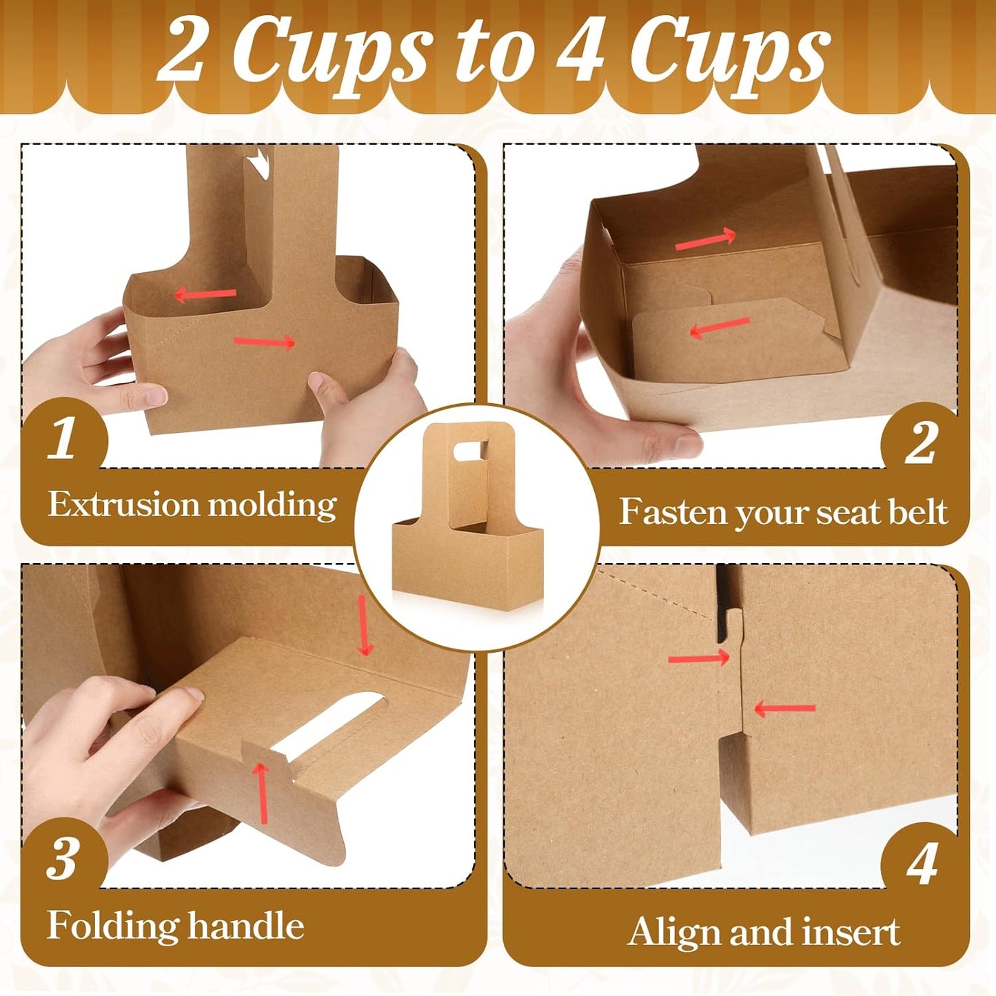100 Pack 2-Cup/4-Cup Paper Drink Carrier with Handles, Disposable Brown Paperboard Cup Holder for Delivery Foldable Beverage Tray for Hot/Cold Drinks, Coffee to Go, Takeout
