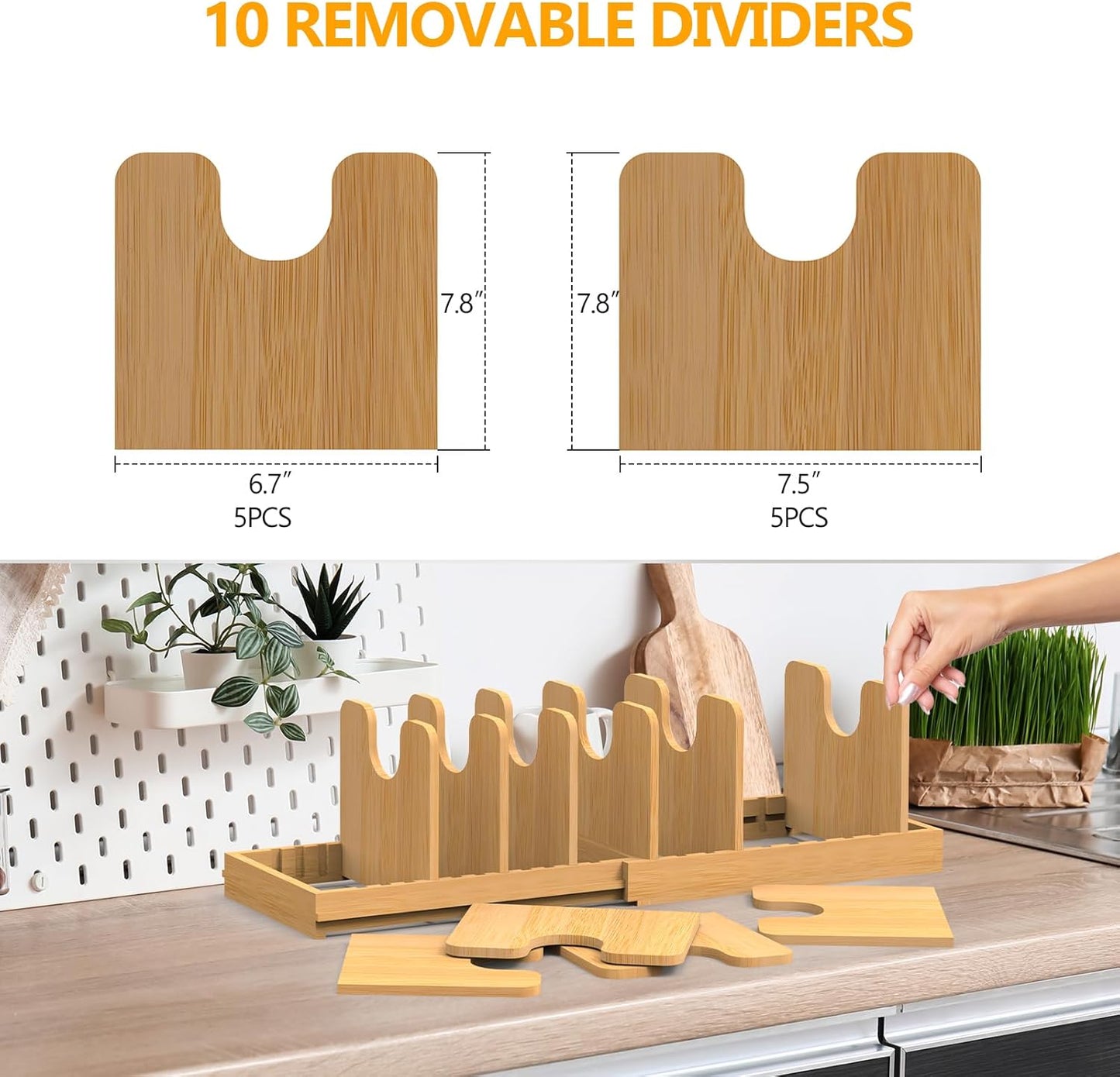 Pots and Pans Organizer Under Cabinet, Bamboo Expandable Pot Lid Organizer Holder Rack with 10 Removable Dividers