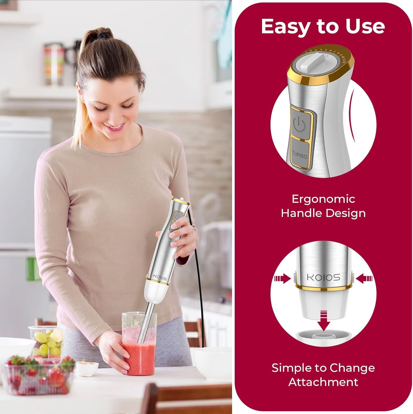 KOIOS Immersion Blender, 1100W 5-in-1 Multi-Purpose Hand Blender, 12-Speed, 600ml Beaker, 500ml Chopper, Egg Whisk, Milk Frother, White