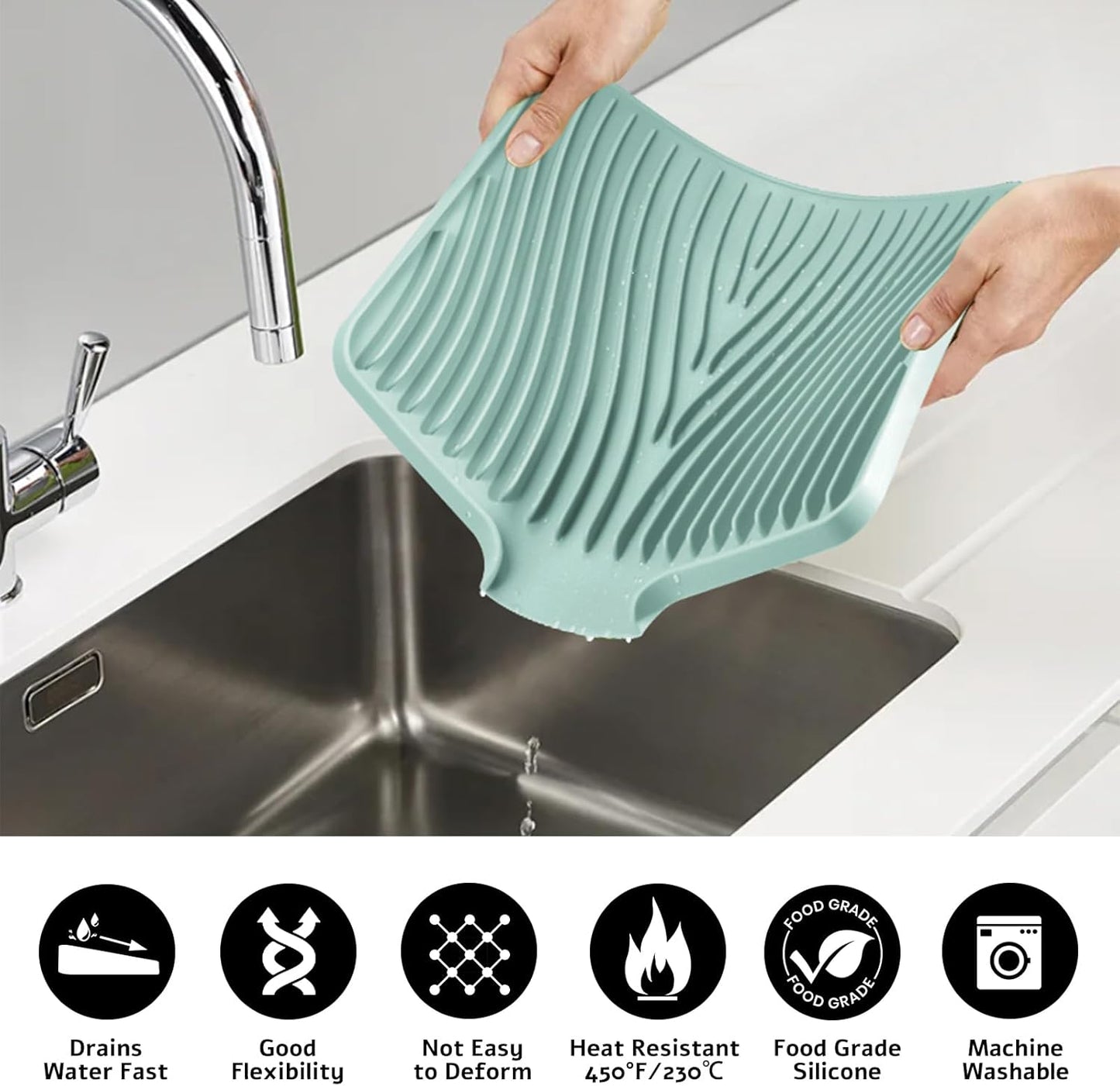 Dish Drying Mat, Stone Drying Mat for Kitchen Counter with Built-in Drain, Non-Slip Drying Matt Kitchen Counter, Heat Resistant Silicone Drying Mat, Dish Drying Pad, 2 Pcs(15.8"X 13", Mint)