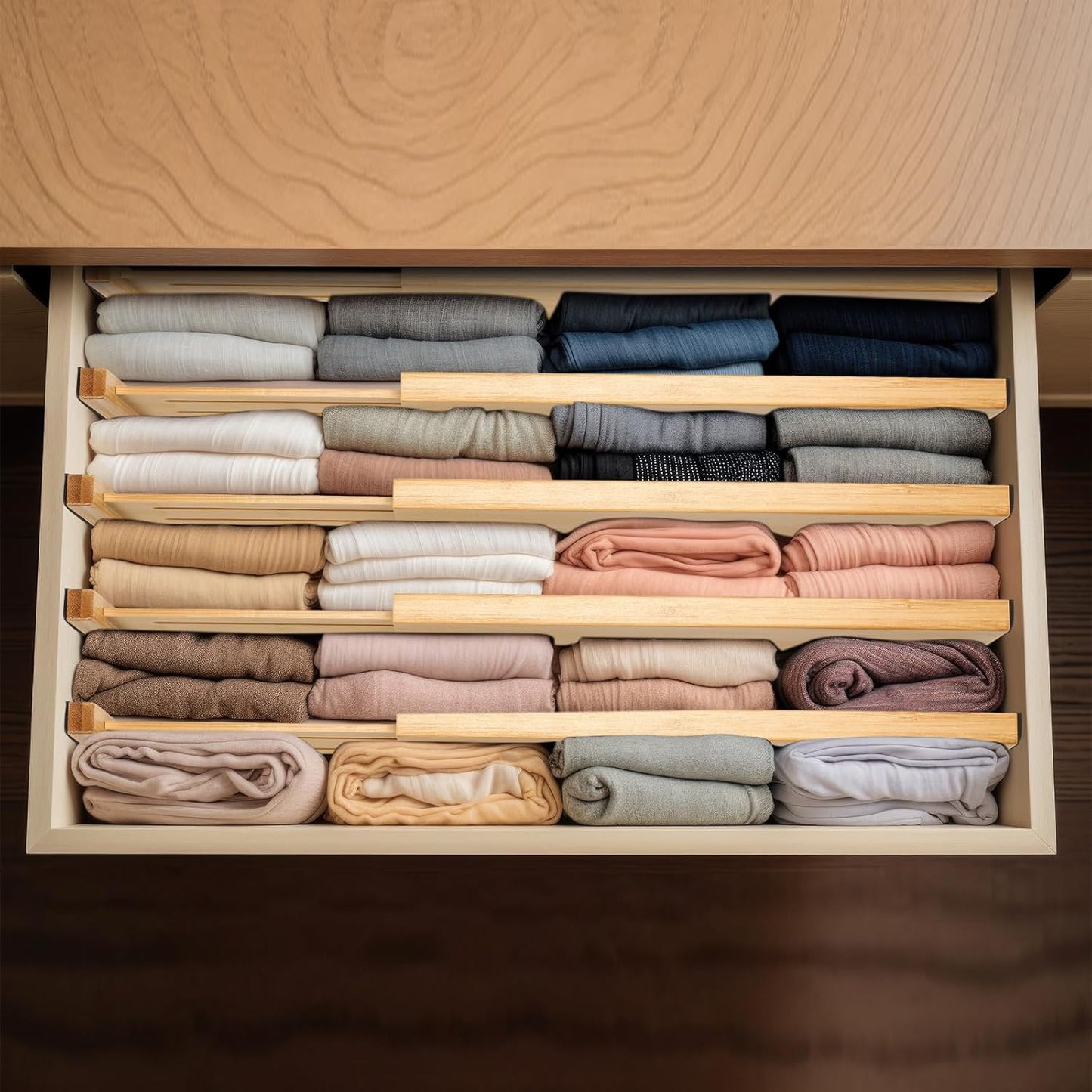 Fabsome Dresser Drawer Organizers 6 Pack, 4.65'' High Adjustable from 17-22‘’ Bamboo Drawer Dividers for Clothing Baby Clothes, Wooden Separators for Dresser Nursery Organization with Soft Foam Ends