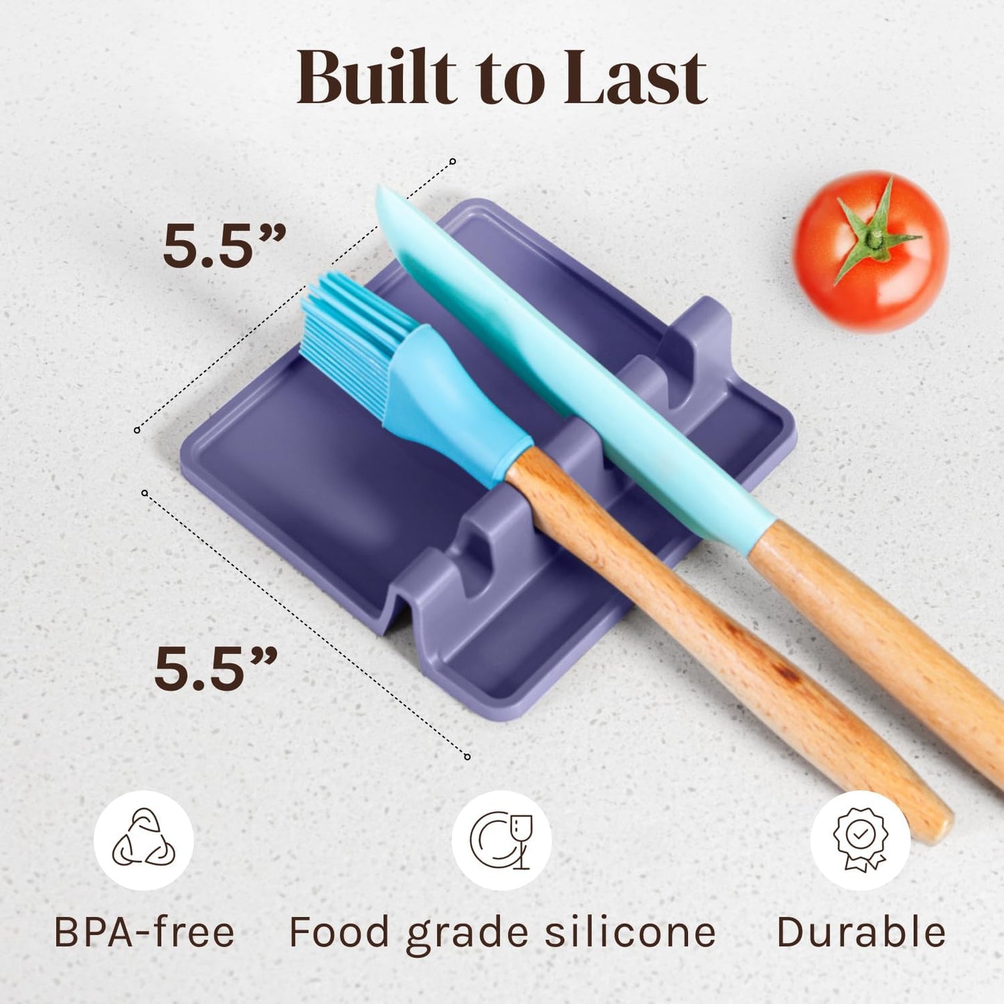 Silicone Spoon Rest for Stove Top with Drip Pad (Two Pack) - Heat Resistant BPA Free Utensil Rest & Spoon Holder for Kitchen Counter - Grill Utensil Holder - Spatula Holder, Tongs, Ladle - Purple